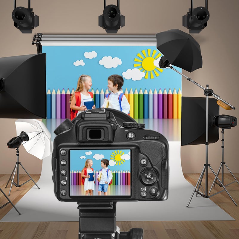 Baocicco 8x6.5ft Vinyl Backdrop Children's Room Interior Decor Photography Background Crayon Sun Clouds Blue Background Kindergarten Activity Children's Room Wallpaper Decor Children Portrait - Image 3